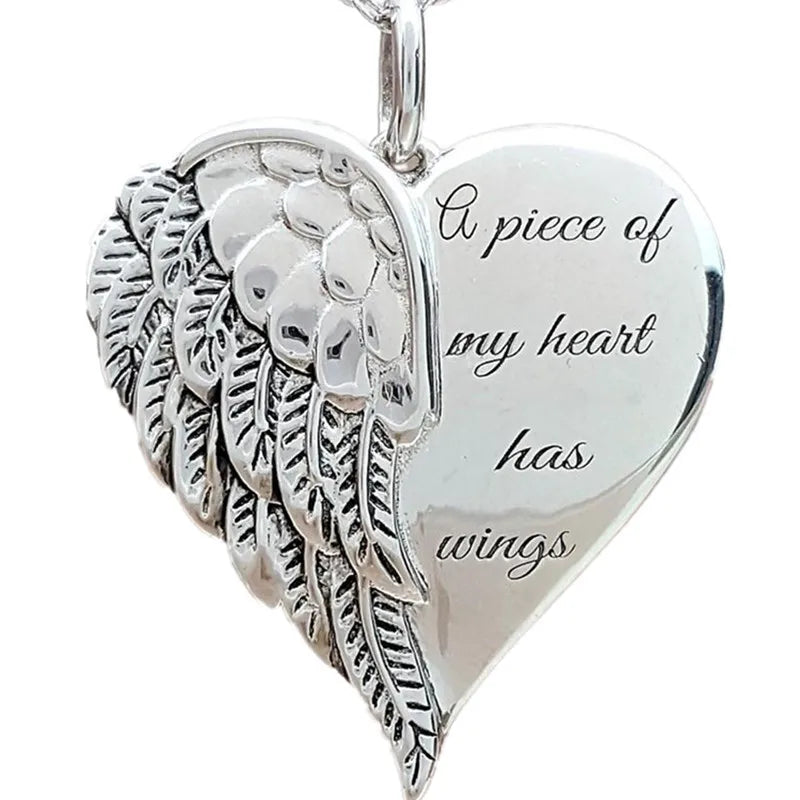 KIMLUD, Hot Sale Women Necklace Letter A Piece Of My Heart Has Wings Gold Silver Alloy Love Heart Wings Pendant Feather Angel Necklaces, KIMLUD Womens Clothes