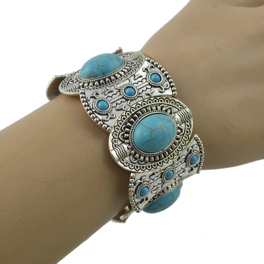 Gypsy Tribal Tibetan Bracelet for Women Boho Vintage Silvery Men's Turquoise Elastic Bangle Afghan Turkish Ethnic Indian Jewelry