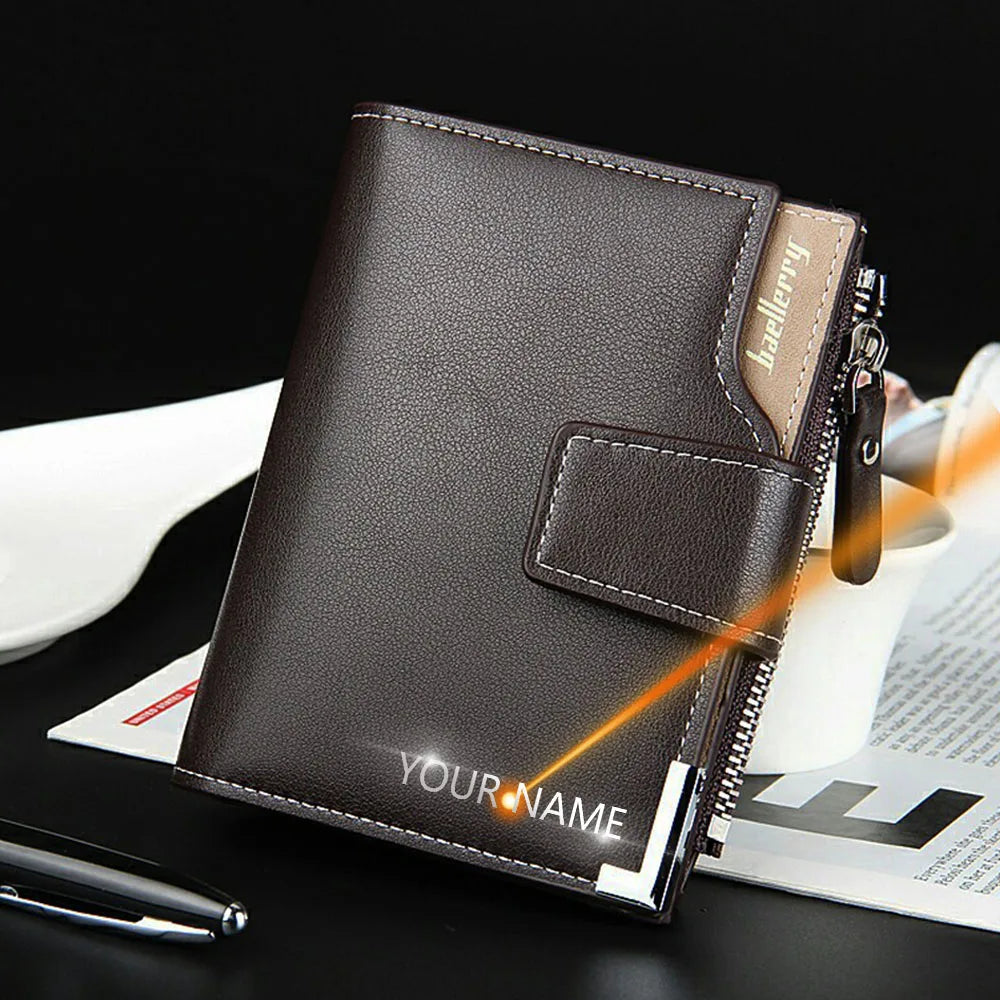 Customized Men Wallets Name Engraving Card Holders Zipper Fashion Short Men Purse PU Leather High Quality Male Purse For Men