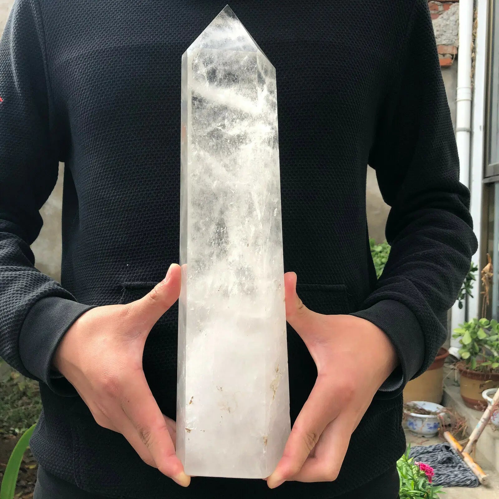 Natural White Quartz Hand Carved Crystal Tower Wand Reiki Healing - KIMLUD