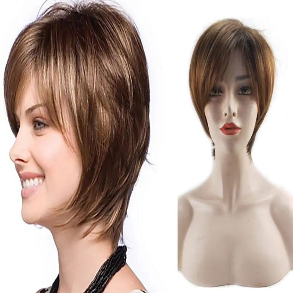 KIMLUD, HAIRJOY Women Straight Bangs Style Pixie Cut Synthetic Hair Wig Brown Mixed Short Wigs Machine Made, A1 / 12INCHES, KIMLUD APPAREL - Womens Clothes