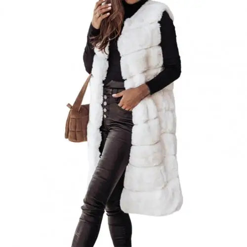 KIMLUD, Autumn Winter Women Jacket Vest Solid Color Round Neck Faux Fur Coat Thick Crew Neck Outerwear Plush Jacket for Women, White / S, KIMLUD APPAREL - Womens Clothes