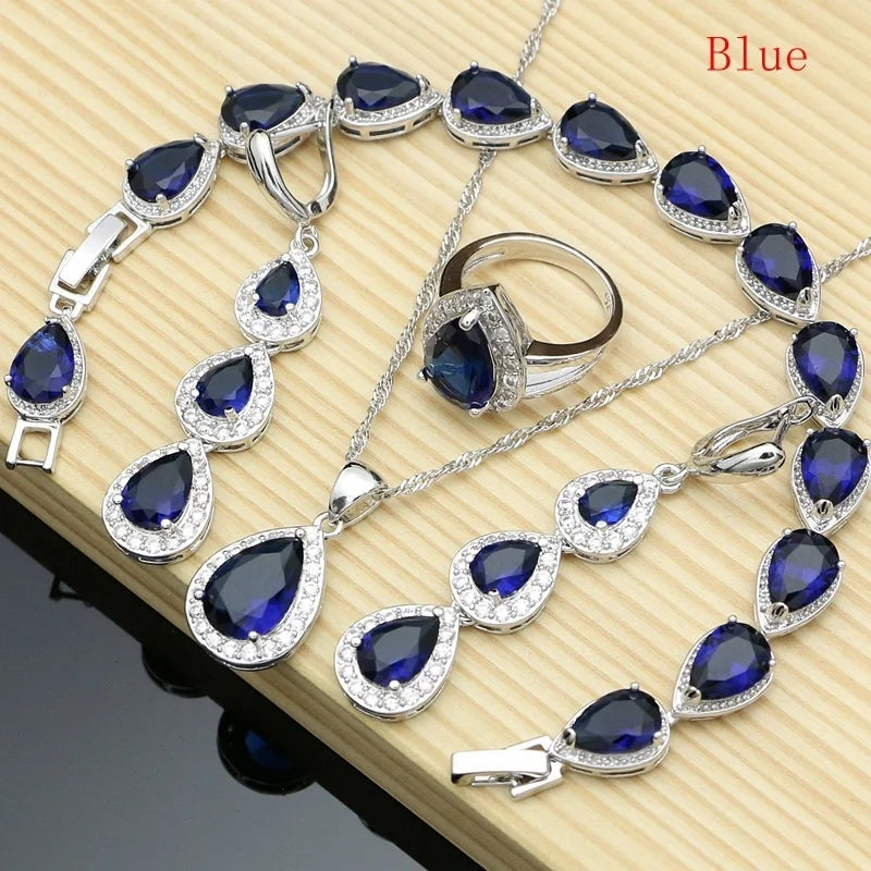 Water Drop Silver 925 Jewelry Red Ruby White Topaz Jewelry Sets Women Long Earrings/Pendant/Necklace/Rings/Bracelet Dropshipping