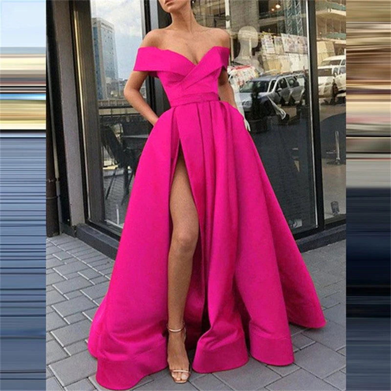 Fashion Solid Strapless Backless Maxi Dress New Women Elegant High Slit Party Dress Summer Fluffy Ruffle A-Line Dresses Clubwear