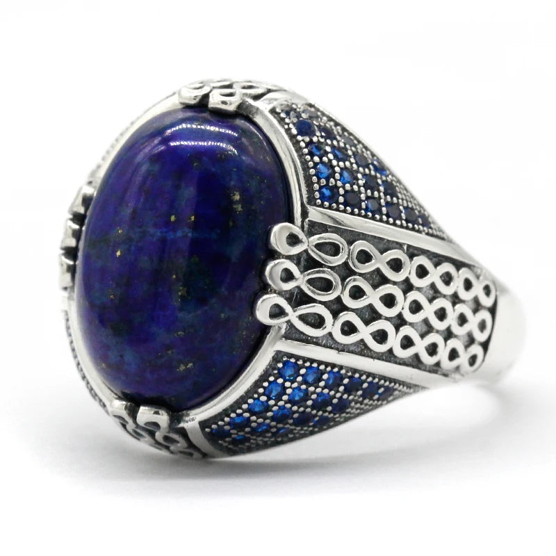 Lapis Lazuli Stone for Men 925 Sterling Silver Blue Stone Vintage Stripe Ring Turkish Thai Silver Jewelry for Male Women Gift