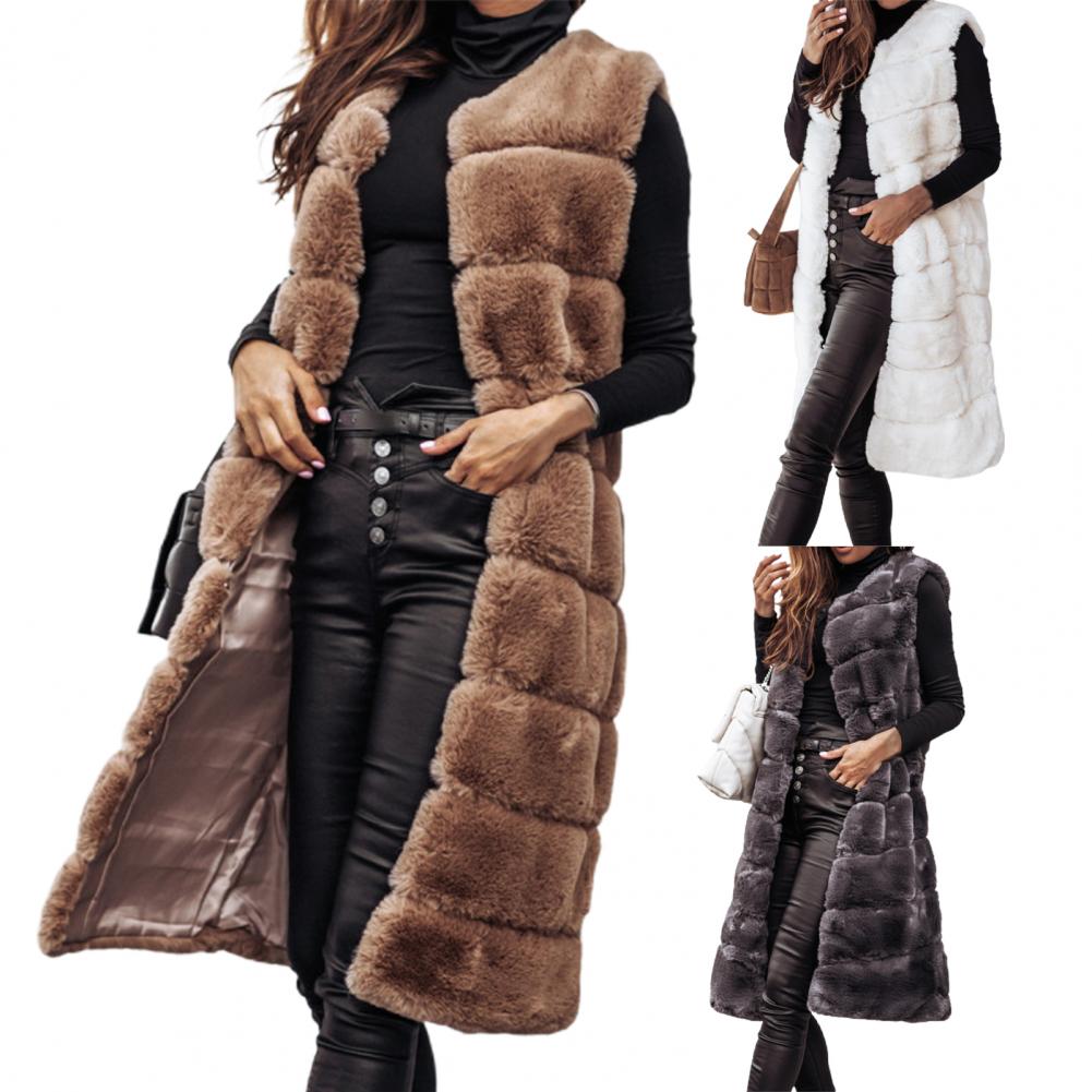 KIMLUD, Autumn Winter Women Jacket Vest Solid Color Round Neck Faux Fur Coat Thick Crew Neck Outerwear Plush Jacket for Women, KIMLUD Womens Clothes