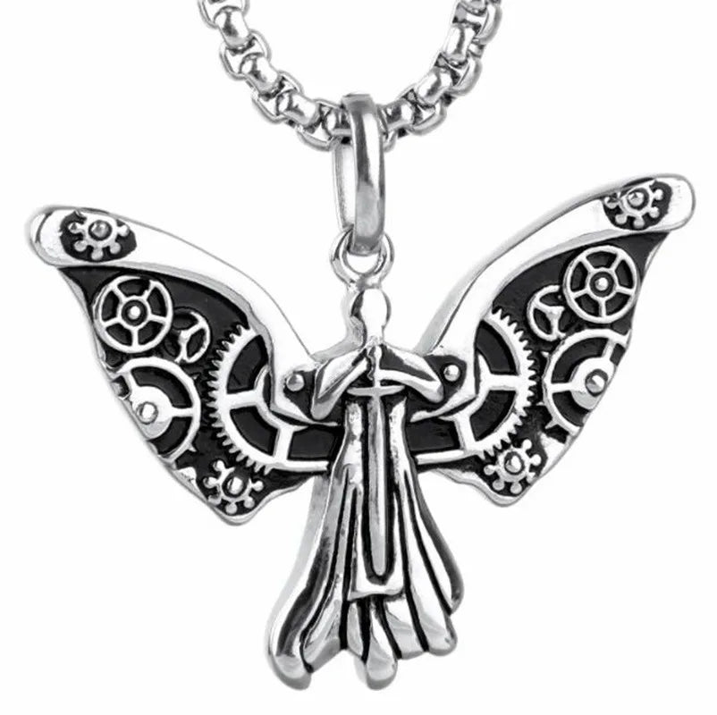 KIMLUD, Stainless Steel Creative Personality Prayer Angel Pendant Necklace Men and Women Fashion Trend Hip Hop Punk Accessories Jewelry, C19026-Silver, KIMLUD APPAREL - Womens Clothes