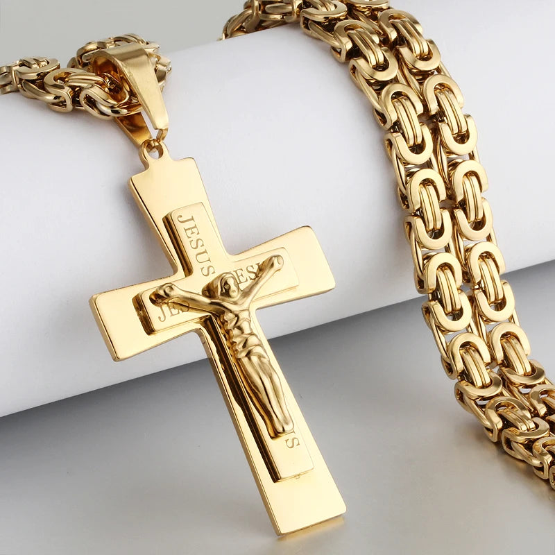 Religious Men Stainless Steel Crucifix Cross Pendant Necklace Heavy Byzantine Chain Necklaces Jesus Christ Holy Jewelry Gifts