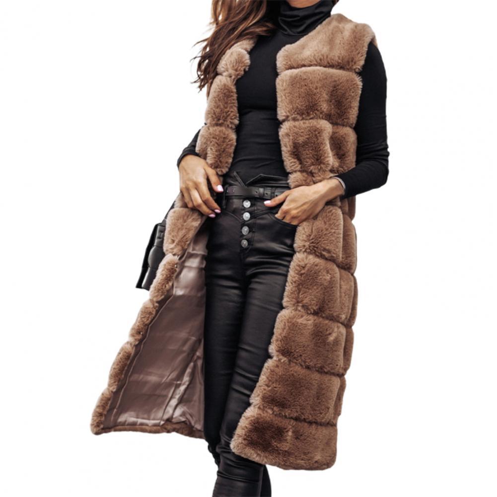 KIMLUD, Autumn Winter Women Jacket Vest Solid Color Round Neck Faux Fur Coat Thick Crew Neck Outerwear Plush Jacket for Women, KIMLUD Womens Clothes