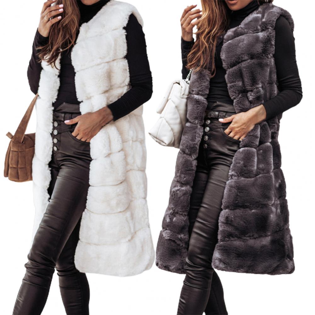 KIMLUD, Autumn Winter Women Jacket Vest Solid Color Round Neck Faux Fur Coat Thick Crew Neck Outerwear Plush Jacket for Women, KIMLUD Womens Clothes