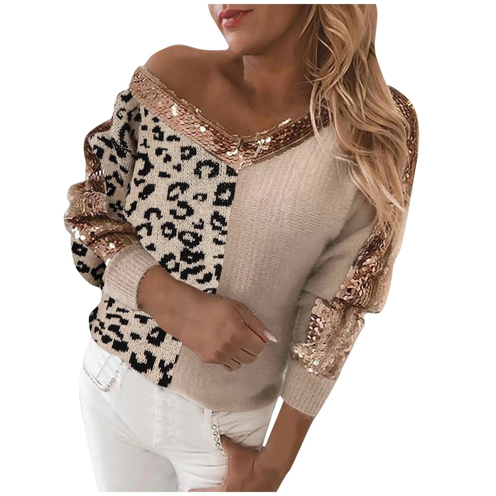 KIMLUD, Women Sweater Stitching Leopard Print Sequin Blouse V Neck Temperament Pullover Long Sleeved Female Casual Elegant Pullover, KIMLUD Womens Clothes