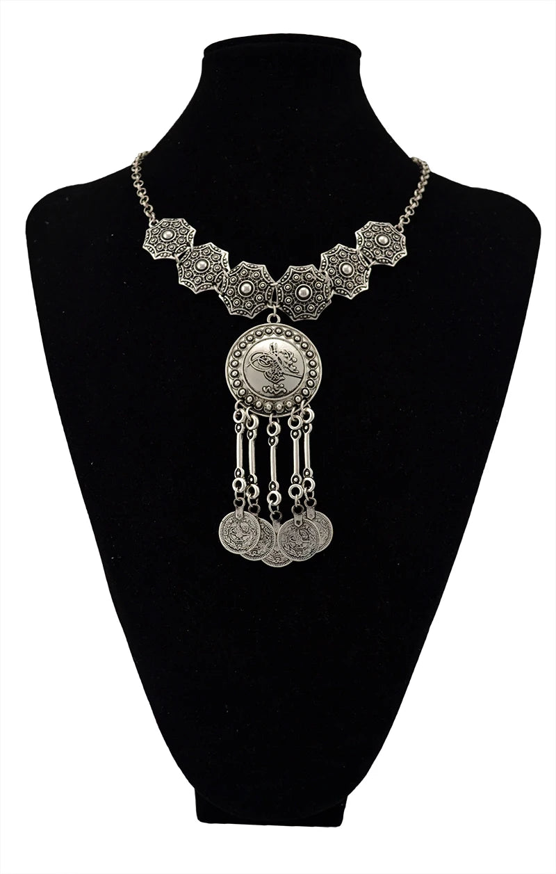 KIMLUD, Ethnic Gypsy Vintage Metal Coin Tassel Necklaces Carved Flower For Women Boho Tibetan Silver Necklaces Turkish Tribal Jewelry, silver 1, KIMLUD APPAREL - Womens Clothes