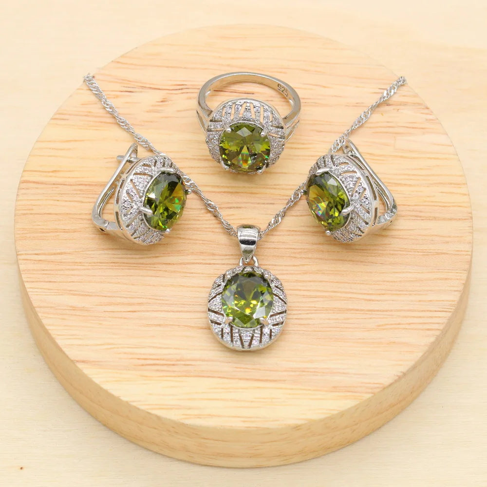 KIMLUD, 925 Sterling Silver Luxury Popular Olive Green Stones Cubic Zirconia Jewelry Sets For Women Earrings Pendant Necklace Bracelet, Olive Green 3PCS / 9, KIMLUD APPAREL - Womens Clothes