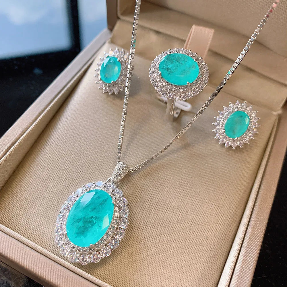 KIMLUD, Vintage 100% Solid 925 Sterling Silver Paraiba Tourmaline Gesmtone Pendant/Necklace/Earrings/Ring Fine Jewelry Set for Women, Jewelry set / 45cm / resizable, KIMLUD APPAREL - Womens Clothes