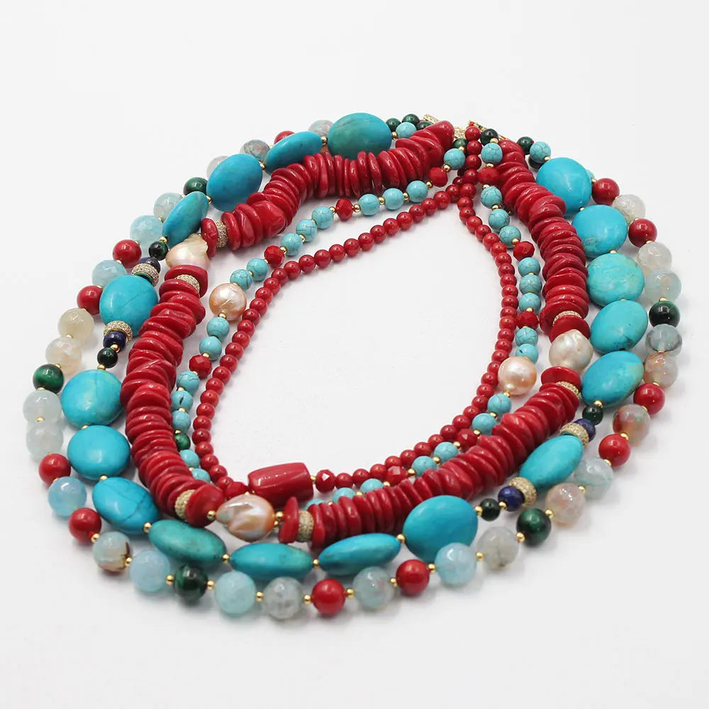 KIMLUD, GG 5 Rows Freshwater Keshi Pearl Howlite Rondelle Tiger eye Red Coral Lapis Crystal Statement Necklace Handmade For Women, KIMLUD Womens Clothes