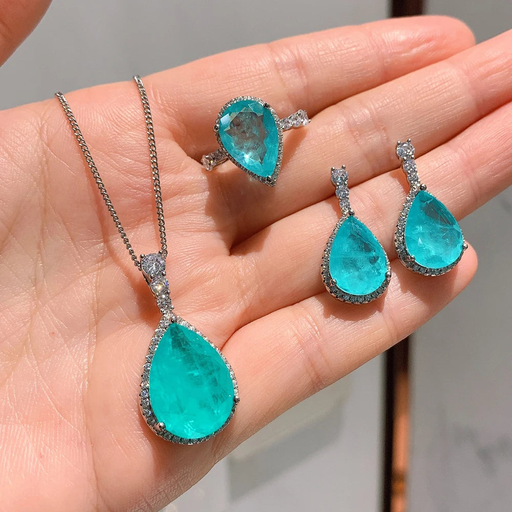 Luomansi Luxury 925 Sterling Silver Paraiba Tourmaline Gemstone Earrings/Pendant/Necklace/Ring Wedding Jewelry Sets Wholesale - KIMLUD