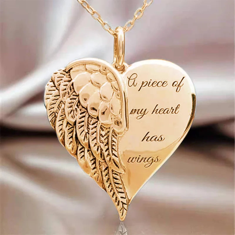 KIMLUD, Hot Sale Women Necklace Letter A Piece Of My Heart Has Wings Gold Silver Alloy Love Heart Wings Pendant Feather Angel Necklaces, KIMLUD Womens Clothes