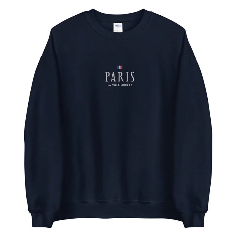 KIMLUD, 2021 Autumn Paris Letters Embroidery French Fashion Women Sweatshirts Long Sleeve Cotton Thick Pullover Loose Casual Warm Jumper, Navy / S, KIMLUD APPAREL - Womens Clothes