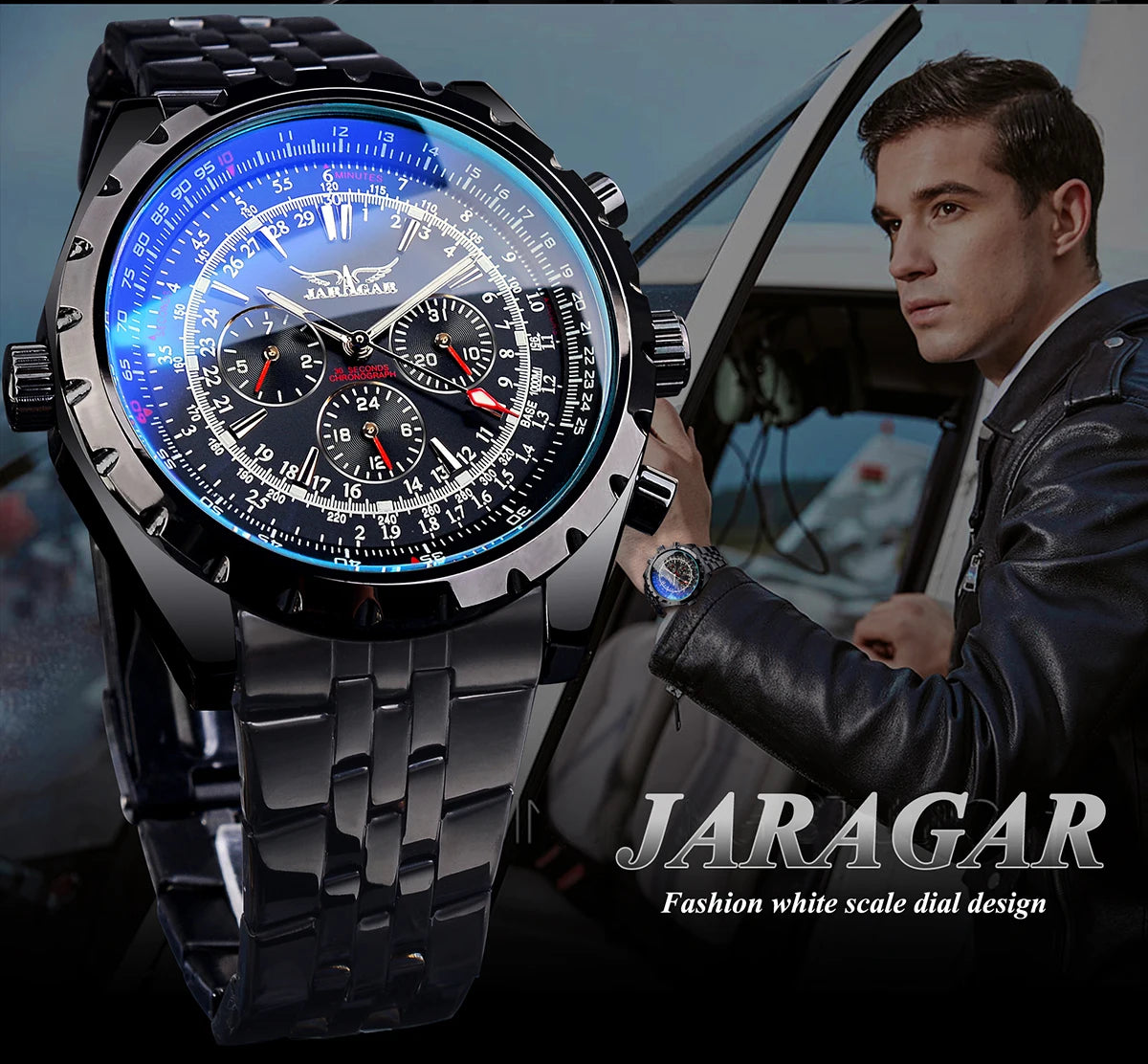 Jaragar Blue Glass Design Black Silver Automatic Watch Stainless Steel Date Clock Luminous Men Business Mechanical Wristwatch