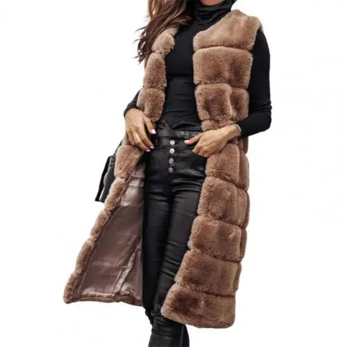 KIMLUD, Autumn Winter Women Jacket Vest Solid Color Round Neck Faux Fur Coat Thick Crew Neck Outerwear Plush Jacket for Women, Khaki / S, KIMLUD APPAREL - Womens Clothes