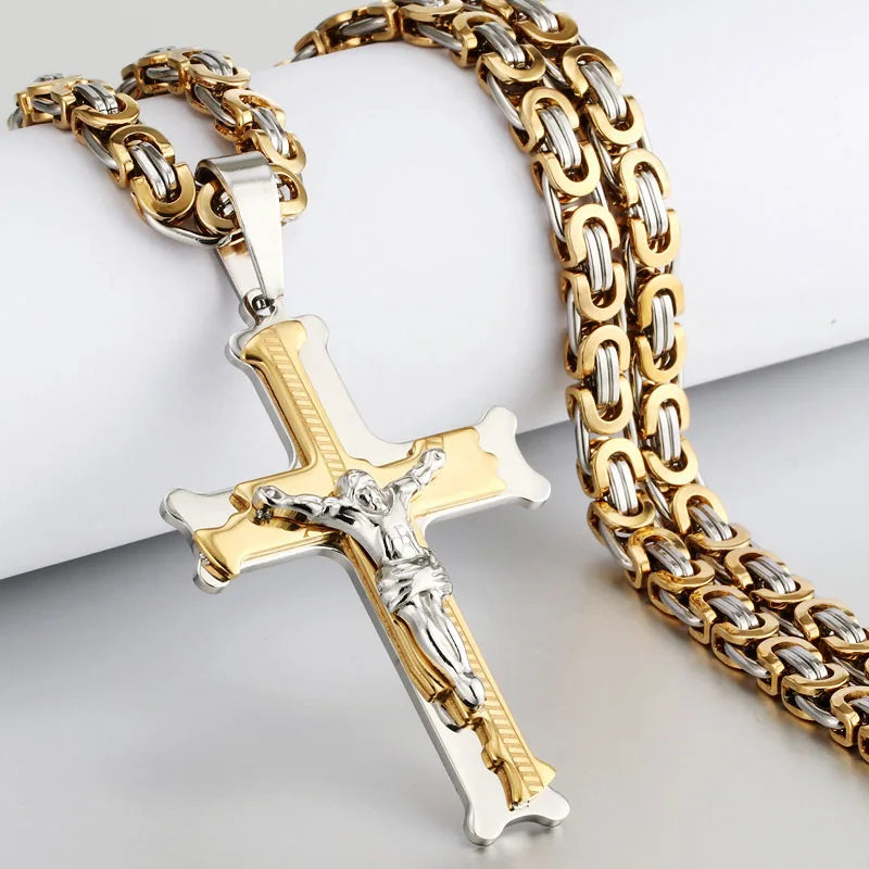 Religious Men Stainless Steel Crucifix Cross Pendant Necklace Heavy Byzantine Chain Necklaces Jesus Christ Holy Jewelry Gifts