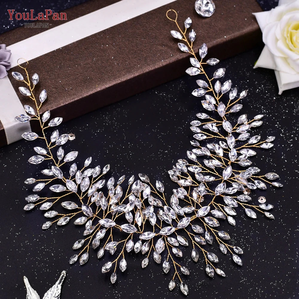 KIMLUD, YouLaPan HP409 Woman Headband Tiara Headwear for Bridal Wedding Hair Accessories Luxury Rhinestone Women Crown Flower Headpiece, HP237-Gold, KIMLUD APPAREL - Womens Clothes