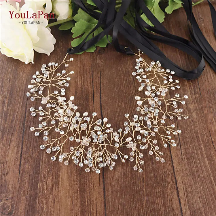 YouLaPan SH10 Golden Wedding Belt Pearls Crystal Belt Handmade Rhinestone Belt for Wedding Accessories Golden Bridal Sash Belt