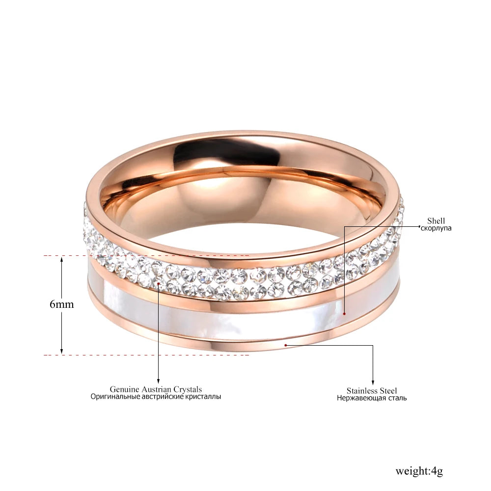 KIMLUD, Lokaer Rose Gold Color White Rhinestone Shell Wedding Rings Jewelry 316L Stainless Steel Engagement Ring For Women Кольцо R18050, KIMLUD Womens Clothes