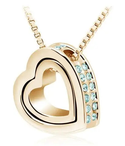 KIMLUD, quality float double Heart Pendant sweater chain Necklace crystal shine rhinestone charm birthday gift girls wed fashion jewelry, gold oceanblue, KIMLUD APPAREL - Womens Clothes