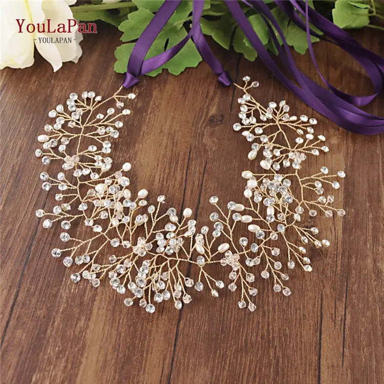 YouLaPan SH10 Golden Wedding Belt Pearls Crystal Belt Handmade Rhinestone Belt for Wedding Accessories Golden Bridal Sash Belt