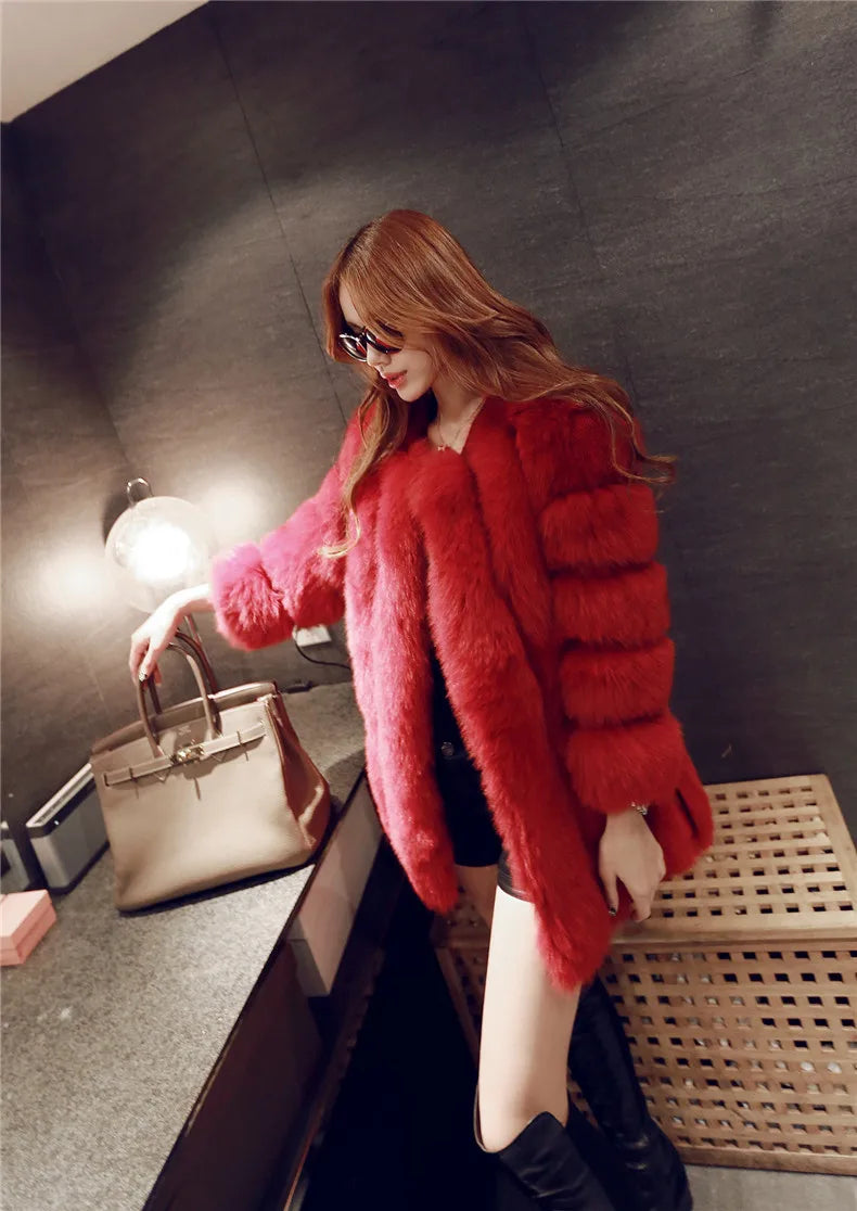 S-4XL Winter Luxury Faux Fox Fur Coat Slim Long Pink Red Blue Faux Fur Jacket Women Fake Fur Coats manteau fourrure wj1231w