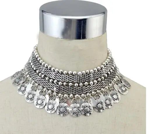 KIMLUD, Turkish Ethnic Tribal Tibeten Coin Chunky Necklace India Oxidized Collar Choker Bib Neck Chain Afghan Gypsy Statement Jewelry, silver, KIMLUD APPAREL - Womens Clothes