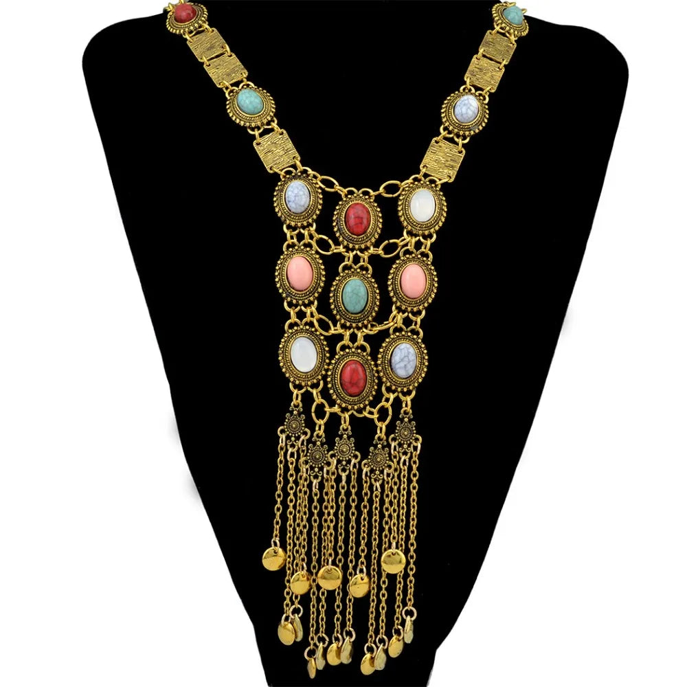 KIMLUD, Vintage Long Chains Rhinestone Statement Necklaces For Women Tassel Pendant Drop Dangle Choker Necklace Bohemian Ethnic Jewelry, KIMLUD Womens Clothes