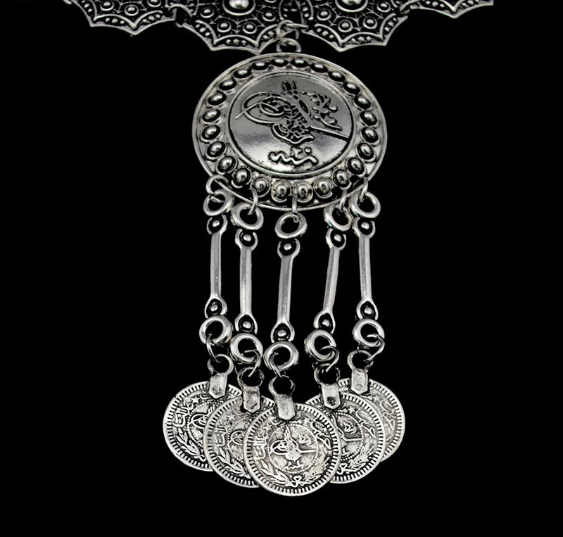 KIMLUD, Ethnic Gypsy Vintage Metal Coin Tassel Necklaces Carved Flower For Women Boho Tibetan Silver Necklaces Turkish Tribal Jewelry, KIMLUD Womens Clothes