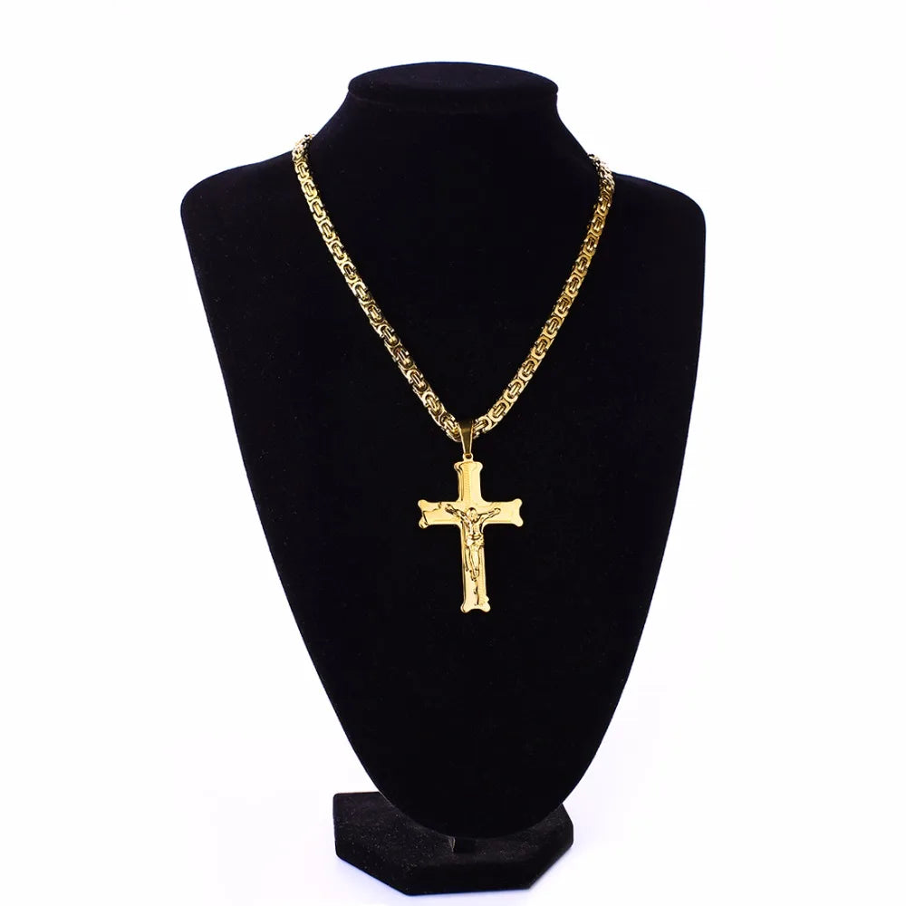 KIMLUD, Gold Color Stainless Steel Jesus Cross Pendant Necklace 6mm Link Byzantine Chain Necklace Long Heavy Men Jewelry collares MN68, KIMLUD Womens Clothes