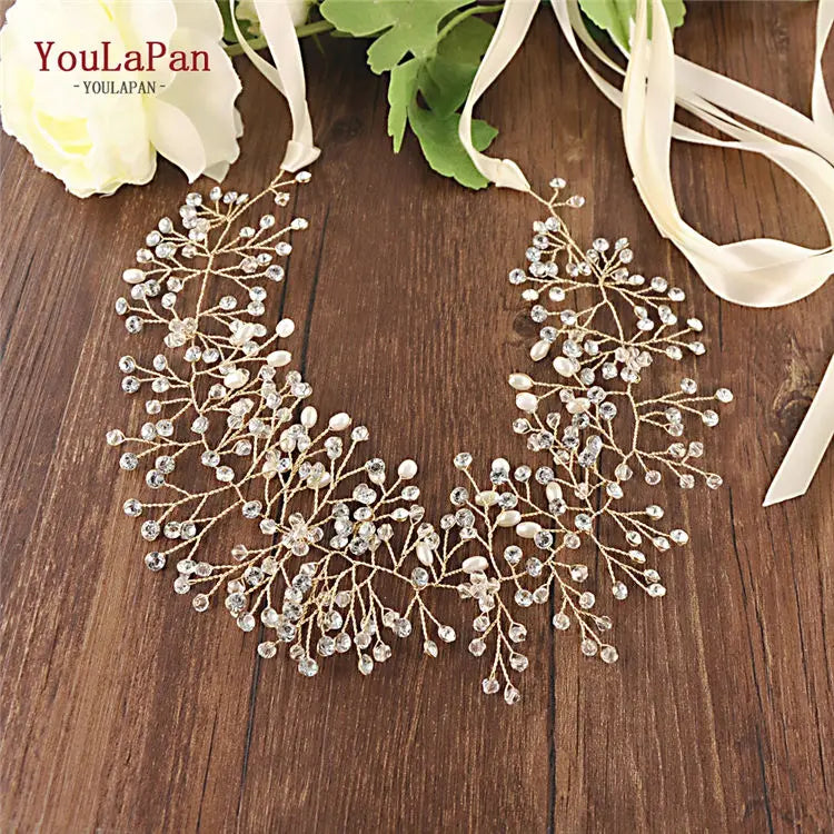 YouLaPan SH10 Golden Wedding Belt Pearls Crystal Belt Handmade Rhinestone Belt for Wedding Accessories Golden Bridal Sash Belt