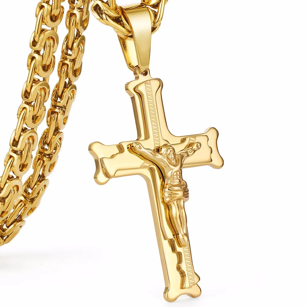 KIMLUD, Gold Color Stainless Steel Jesus Cross Pendant Necklace 6mm Link Byzantine Chain Necklace Long Heavy Men Jewelry collares MN68, KIMLUD Womens Clothes