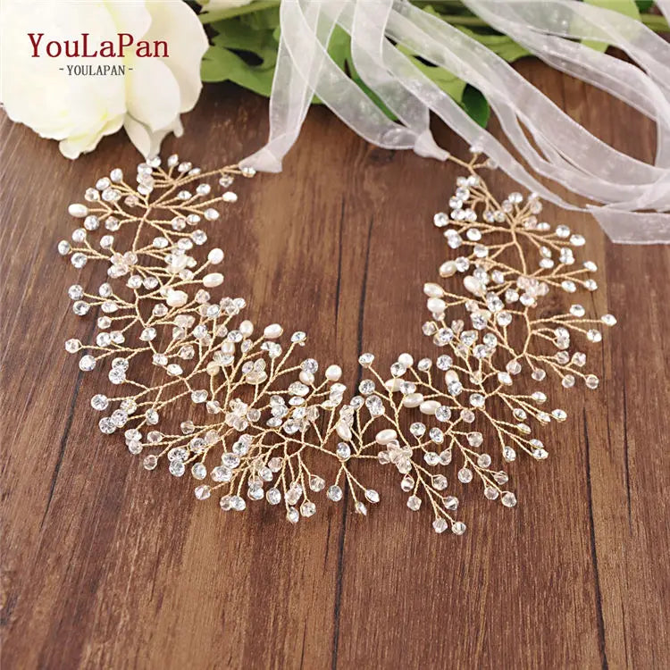 YouLaPan SH10 Golden Wedding Belt Pearls Crystal Belt Handmade Rhinestone Belt for Wedding Accessories Golden Bridal Sash Belt