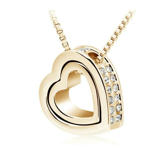 KIMLUD, quality float double Heart Pendant sweater chain Necklace crystal shine rhinestone charm birthday gift girls wed fashion jewelry, yellow gold white, KIMLUD APPAREL - Womens Clothes