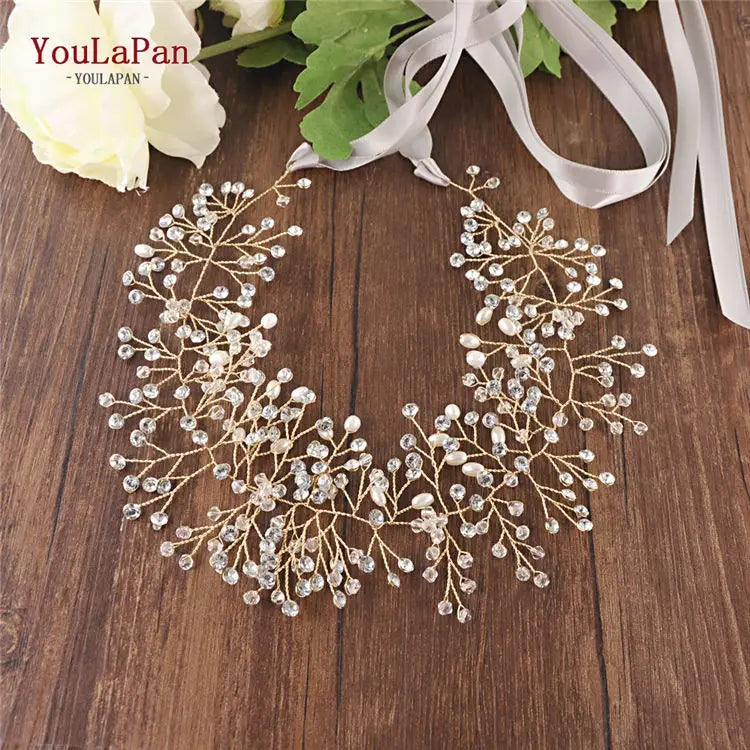 YouLaPan SH10 Golden Wedding Belt Pearls Crystal Belt Handmade Rhinestone Belt for Wedding Accessories Golden Bridal Sash Belt