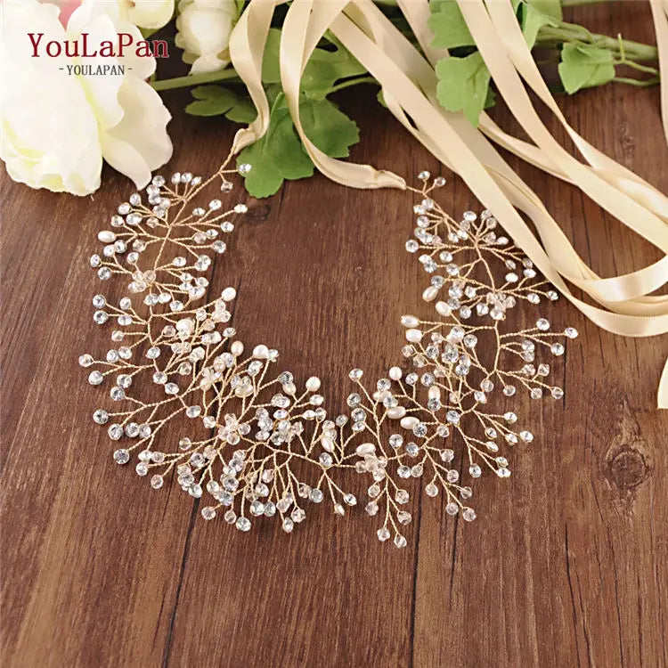 YouLaPan SH10 Golden Wedding Belt Pearls Crystal Belt Handmade Rhinestone Belt for Wedding Accessories Golden Bridal Sash Belt