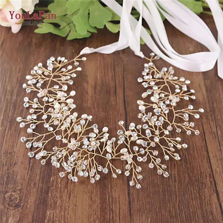 YouLaPan SH10 Golden Wedding Belt Pearls Crystal Belt Handmade Rhinestone Belt for Wedding Accessories Golden Bridal Sash Belt