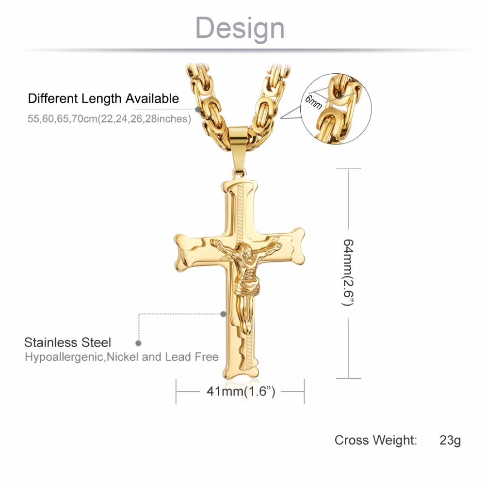 KIMLUD, Gold Color Stainless Steel Jesus Cross Pendant Necklace 6mm Link Byzantine Chain Necklace Long Heavy Men Jewelry collares MN68, KIMLUD Womens Clothes