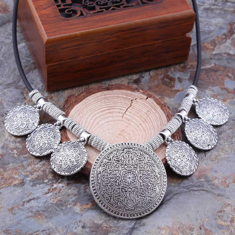 Bohemian Gypsy Vintage Ethnic Tibetan Big Carved Flower Round Tassels Pendants Necklaces For Women Statement Maxi Jewelry - KIMLUD