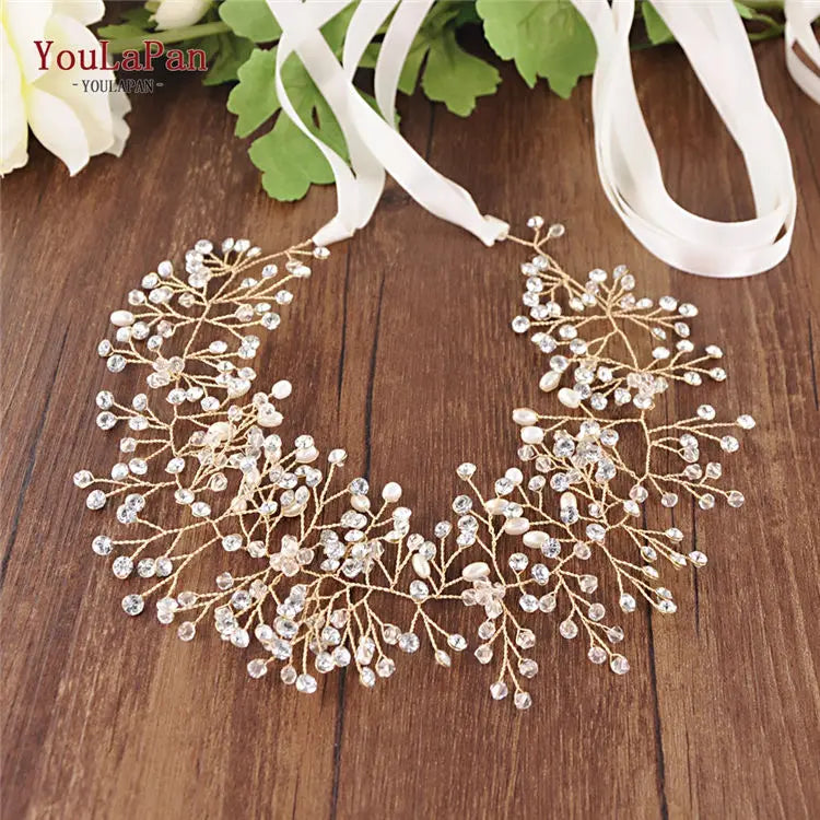 YouLaPan SH10 Golden Wedding Belt Pearls Crystal Belt Handmade Rhinestone Belt for Wedding Accessories Golden Bridal Sash Belt