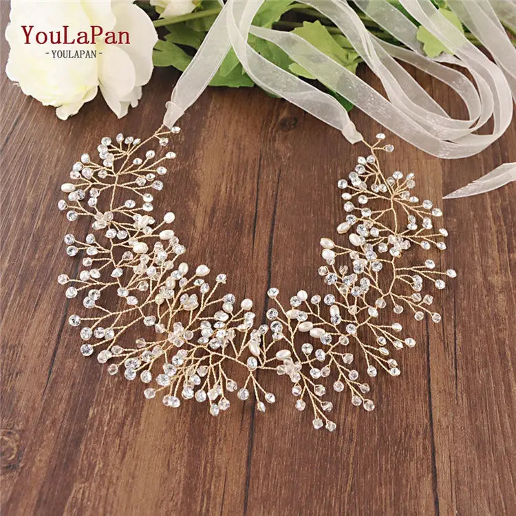 YouLaPan SH10 Golden Wedding Belt Pearls Crystal Belt Handmade Rhinestone Belt for Wedding Accessories Golden Bridal Sash Belt