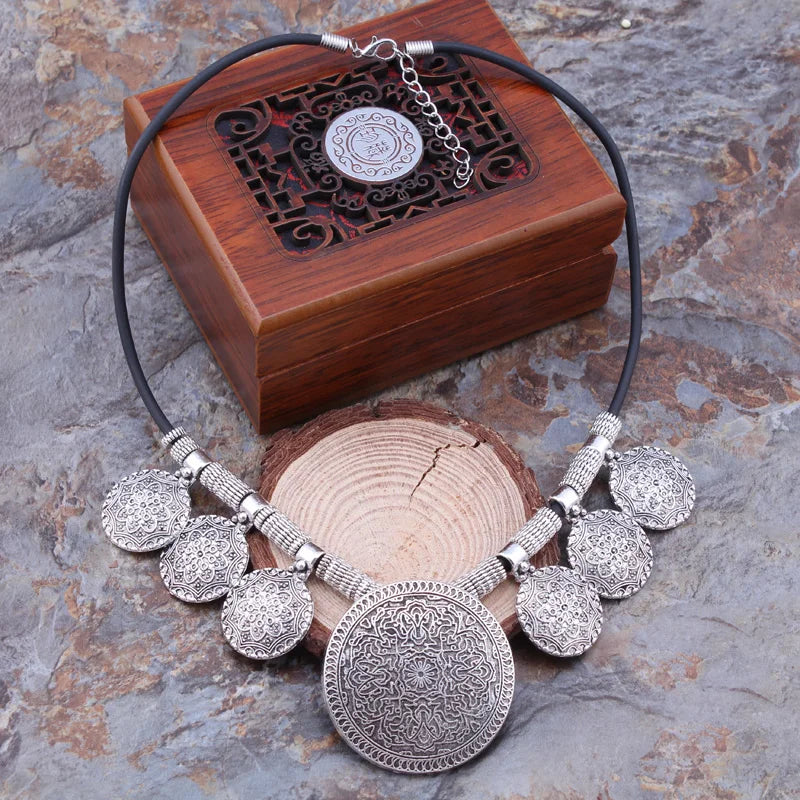 Bohemian Gypsy Vintage Ethnic Tibetan Big Carved Flower Round Tassels Pendants Necklaces For Women Statement Maxi Jewelry - KIMLUD