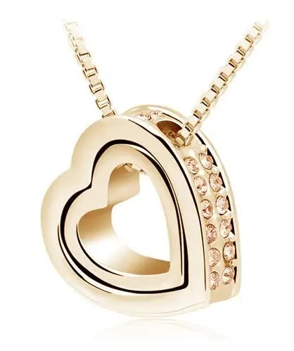 KIMLUD, quality float double Heart Pendant sweater chain Necklace crystal shine rhinestone charm birthday gift girls wed fashion jewelry, gold peachcolor, KIMLUD APPAREL - Womens Clothes