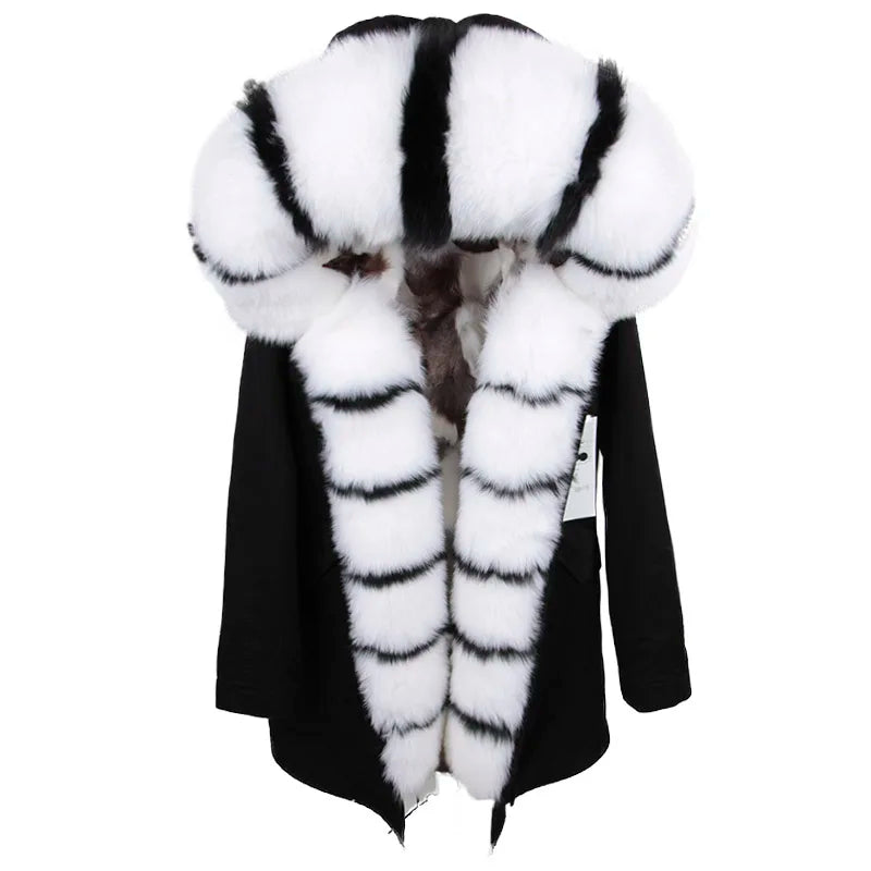 MAOMAOKONG Real Big Fox Fur Coat Winter Jacket Women Natural Hooded Thick Warm Detachable Fur Liner Parkas Fashion Luxury Female