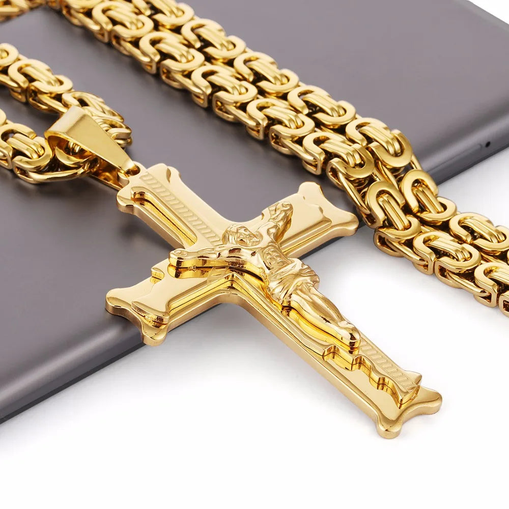 KIMLUD, Gold Color Stainless Steel Jesus Cross Pendant Necklace 6mm Link Byzantine Chain Necklace Long Heavy Men Jewelry collares MN68, 55cm about 22inch, KIMLUD APPAREL - Womens Clothes